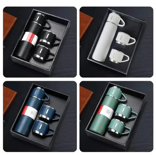 Premium Vacuum Flask Set – 500ml Stainless Steel Insulated Bottle with 3 Cups